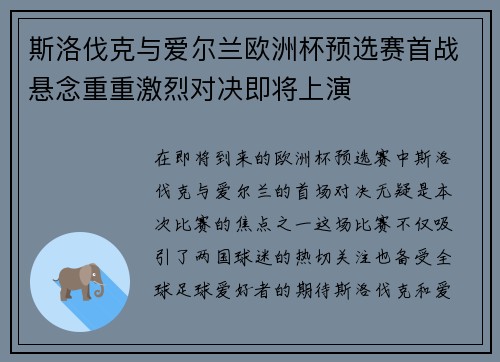 斯洛伐克与爱尔兰欧洲杯预选赛首战悬念重重激烈对决即将上演