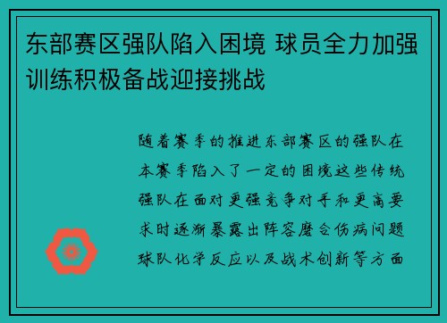 东部赛区强队陷入困境 球员全力加强训练积极备战迎接挑战