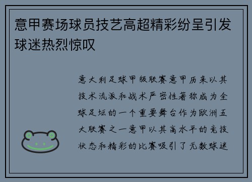 意甲赛场球员技艺高超精彩纷呈引发球迷热烈惊叹