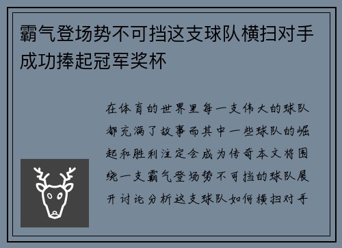 霸气登场势不可挡这支球队横扫对手成功捧起冠军奖杯