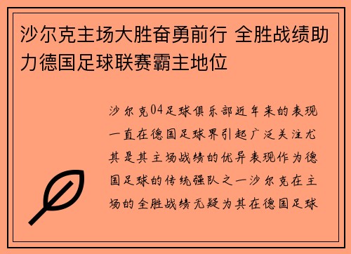 沙尔克主场大胜奋勇前行 全胜战绩助力德国足球联赛霸主地位