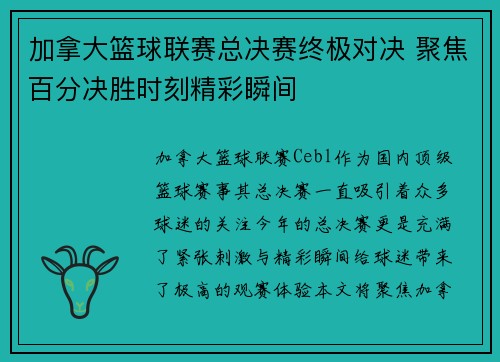 加拿大篮球联赛总决赛终极对决 聚焦百分决胜时刻精彩瞬间
